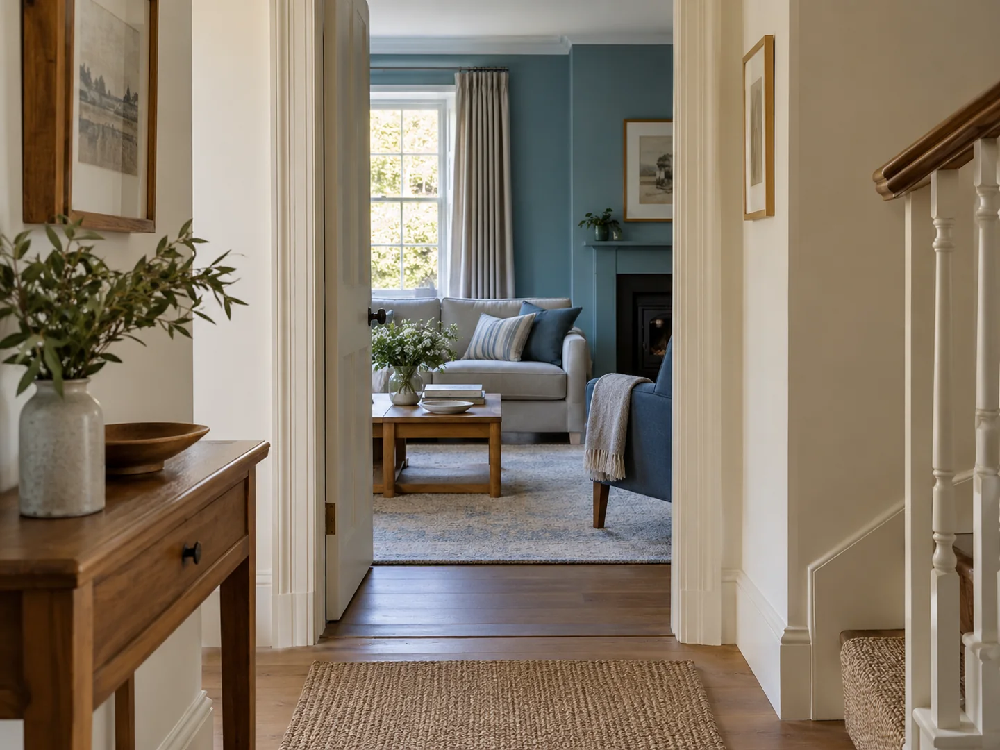 view through doorway from warm white hallway into muted blue sitting room.