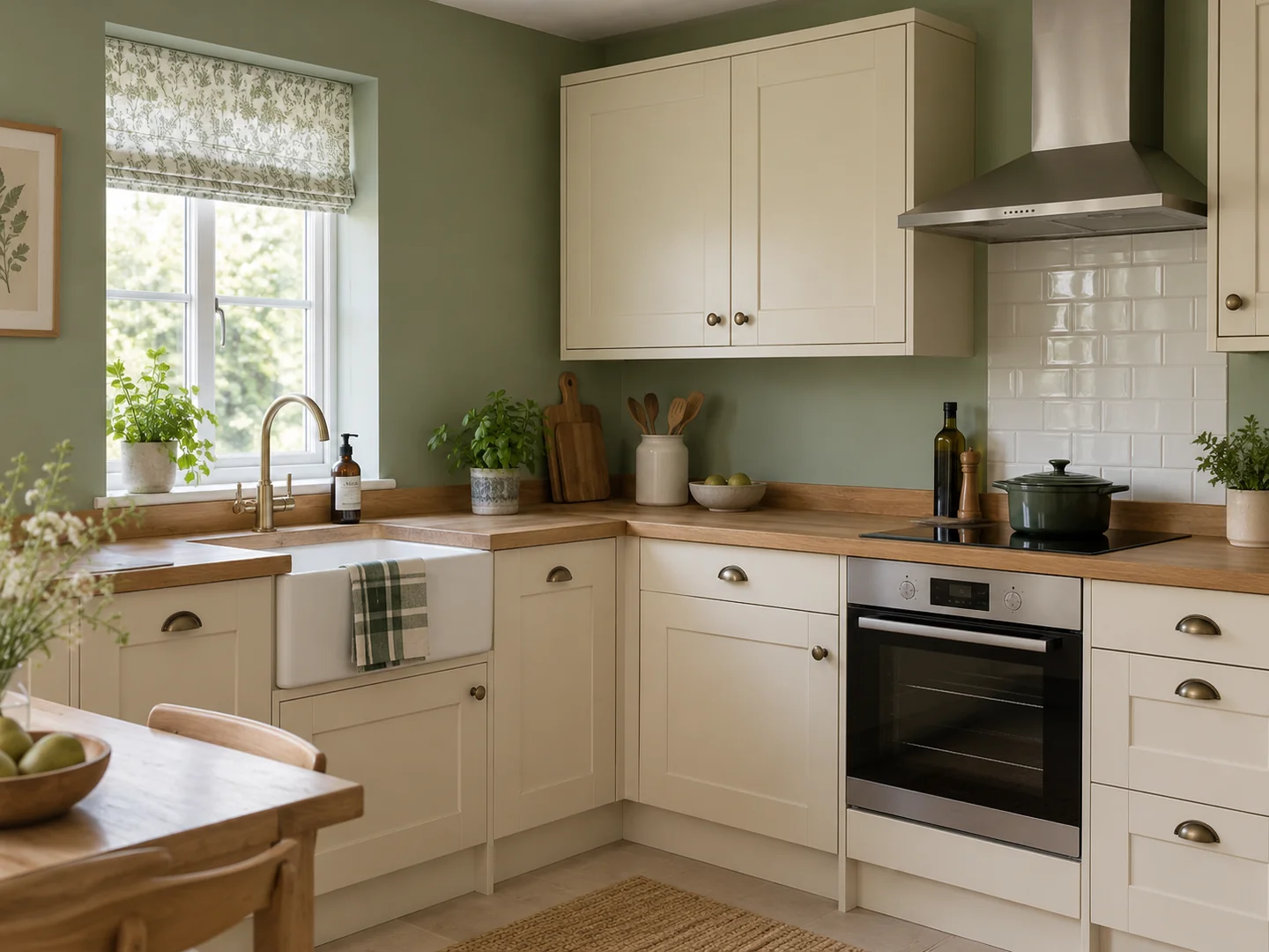 sage green kitchen wall with cream cabinets and oak worktop.