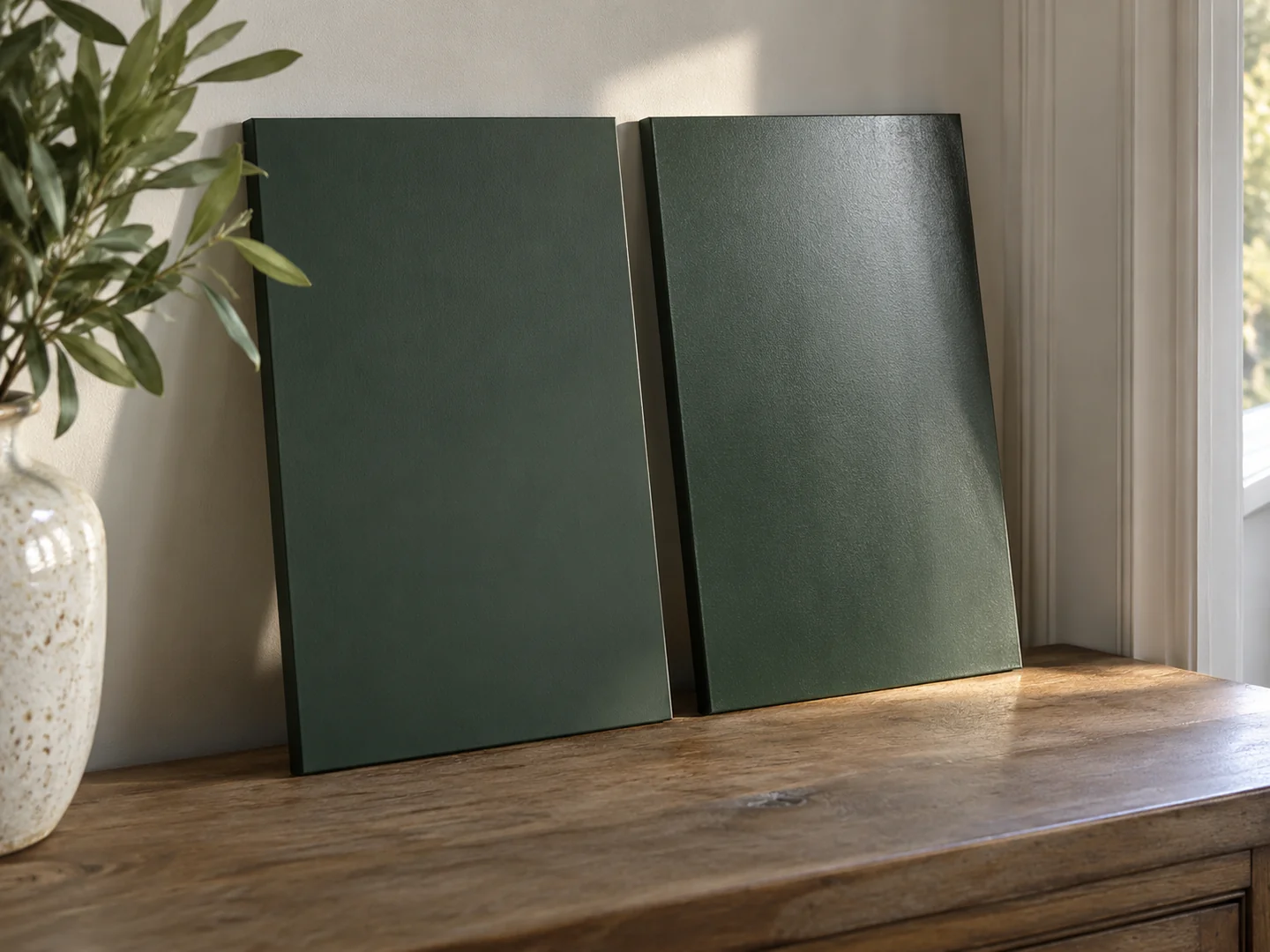 two dark green painted boards with matt and satin finishes in side light.