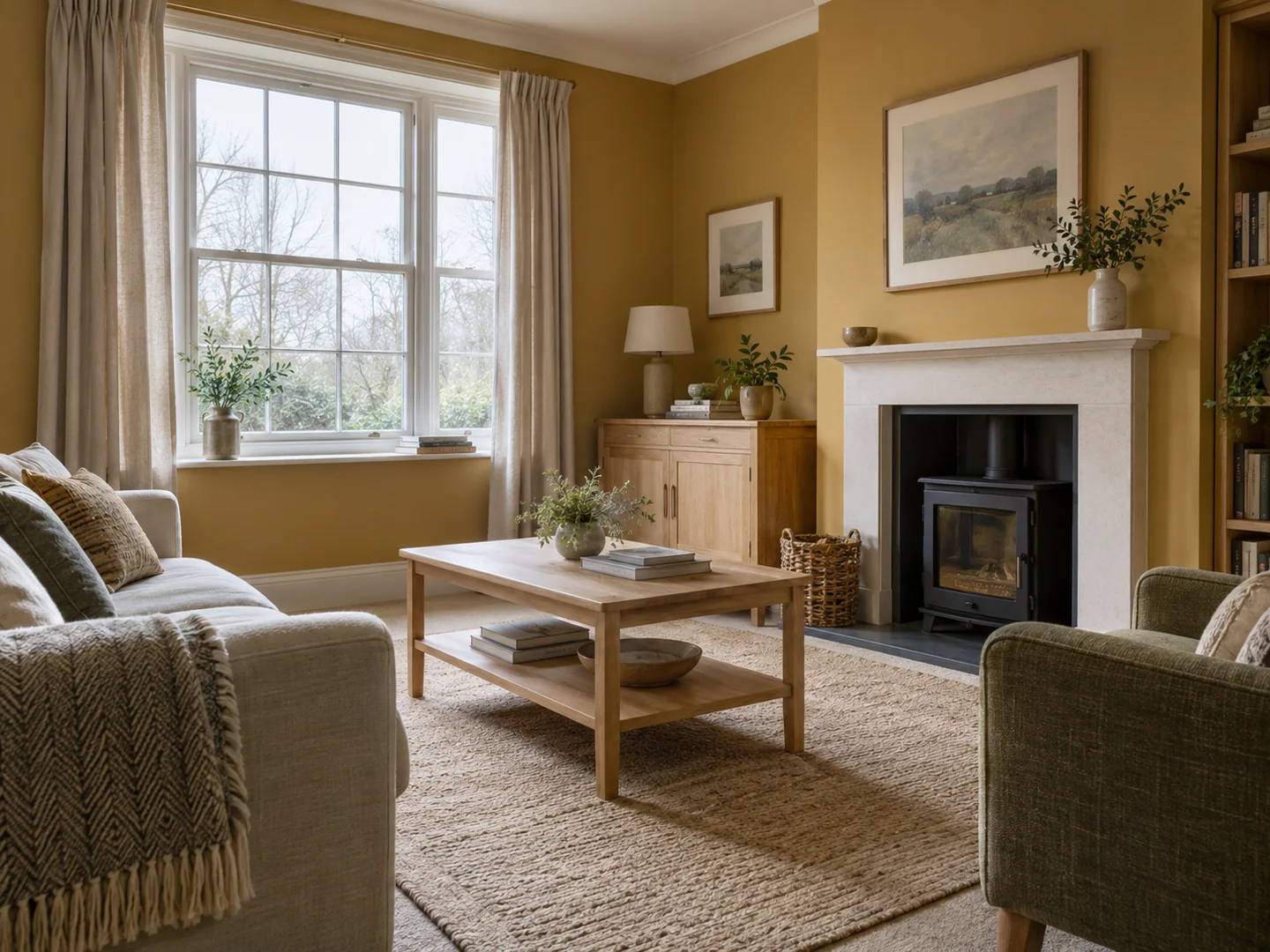 sitting room with muted warm ochre walls and pale oak furniture, soft overcast daylight.