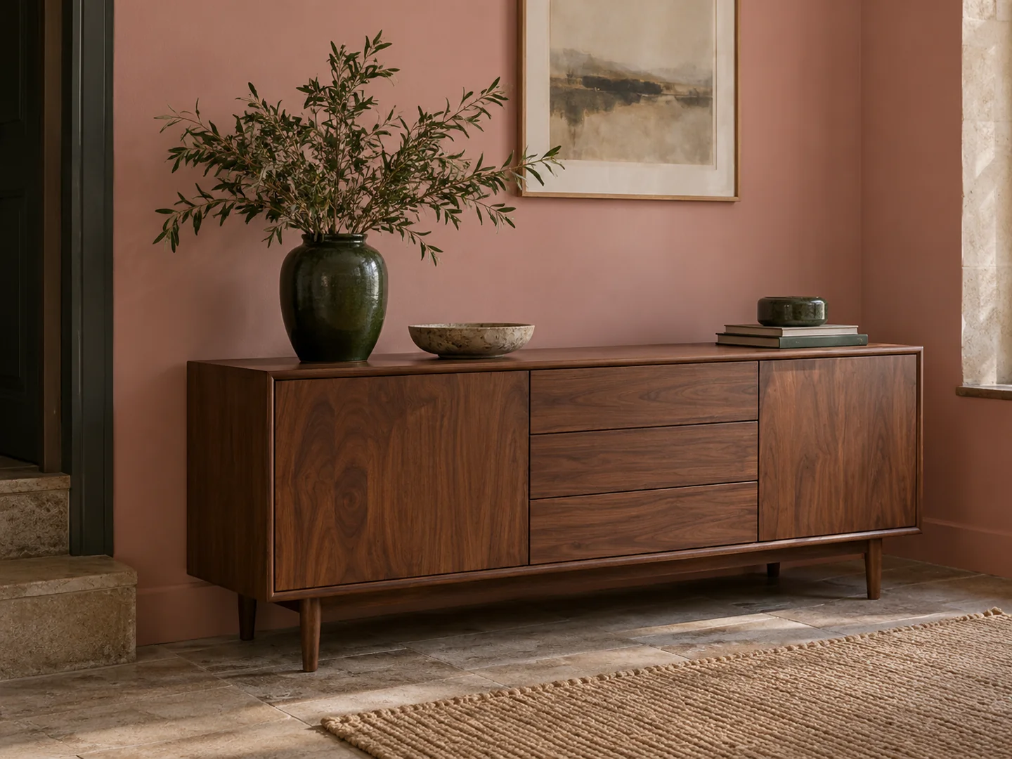 dusty pink wall with walnut sideboard and dark green ceramic vase.