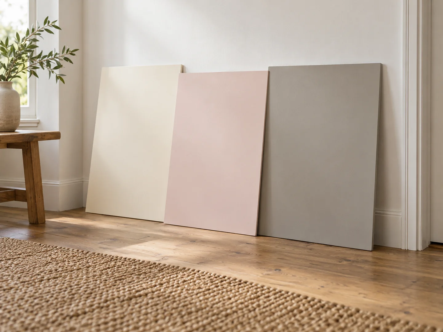 three large painted sample boards in cream, pale pink and warm grey leaning against a white wall.