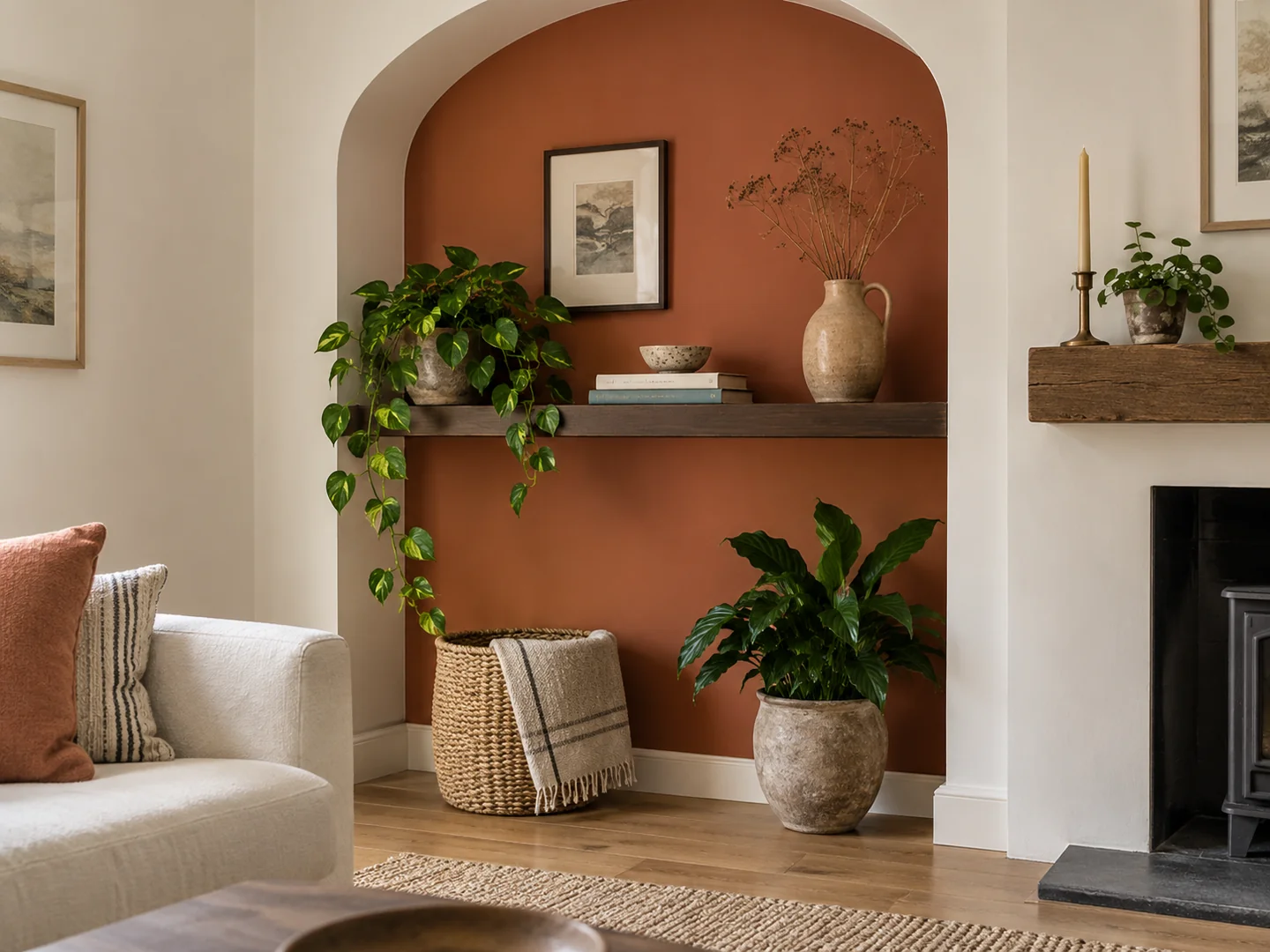 terracotta painted alcove with cream walls and a dark wood shelf.
