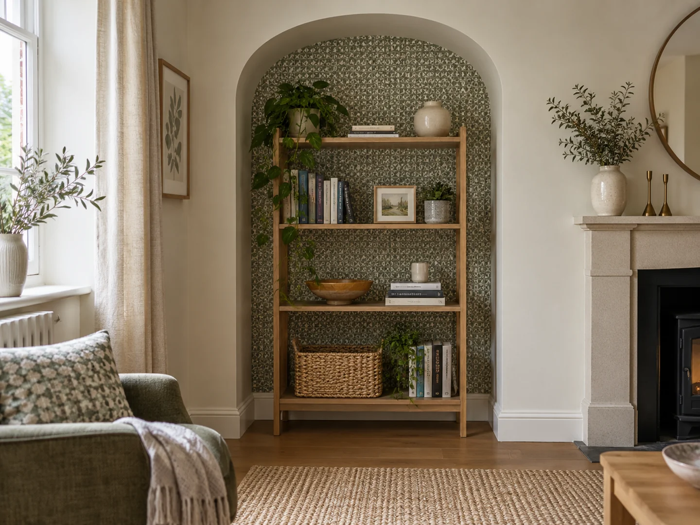 recessed alcove lined with small geometric wallpaper behind freestanding shelf.