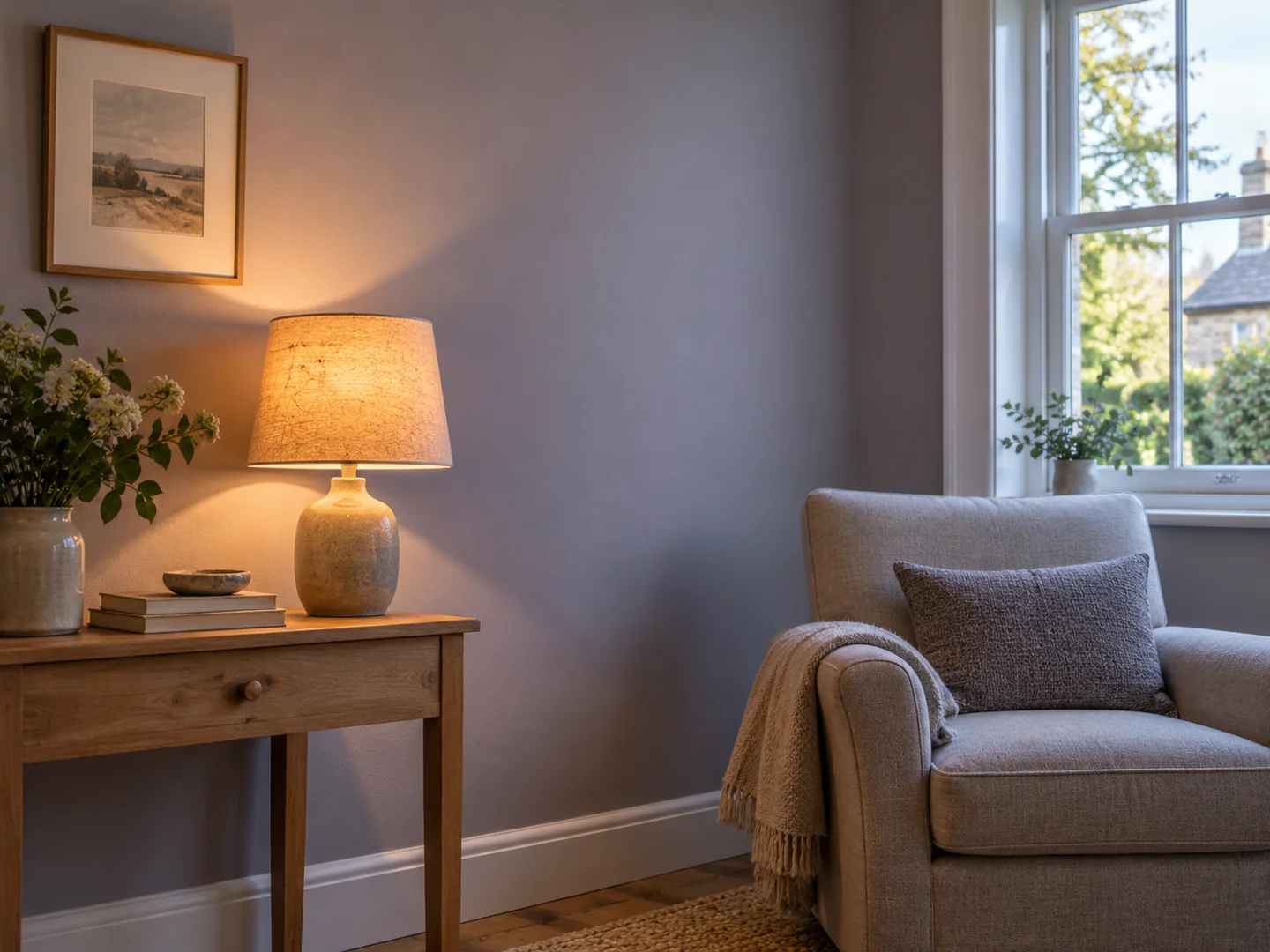 grey painted wall under a warm table lamp beside a daylight window.