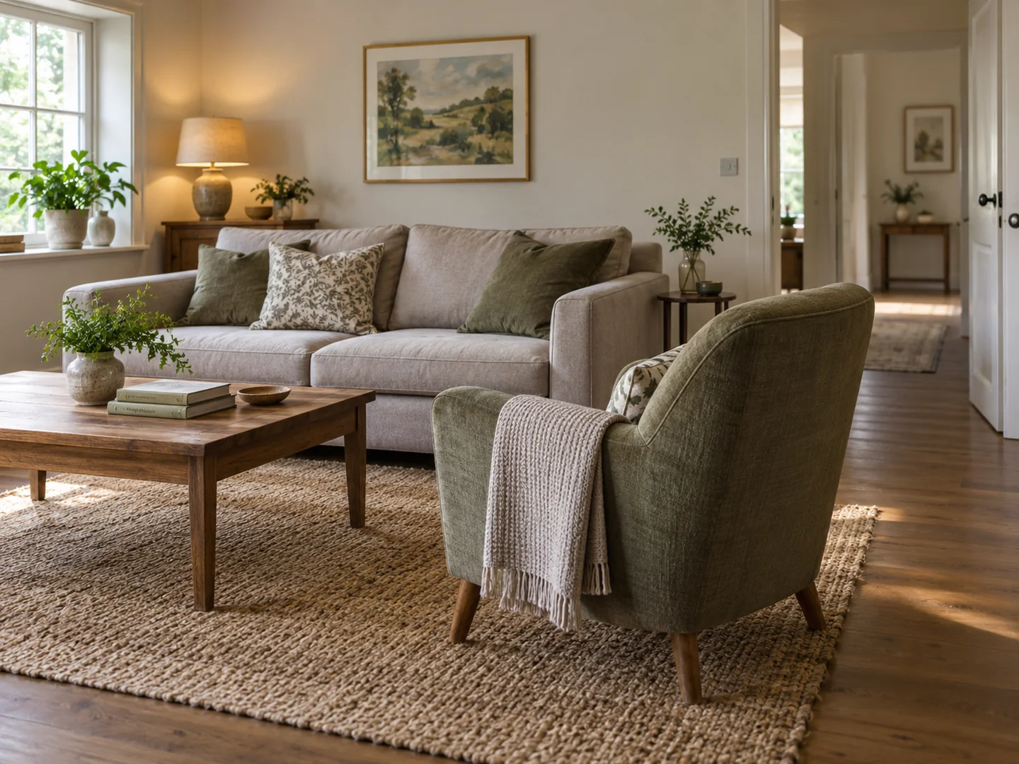 An armchair angled towards a sofa with an open route behind it.