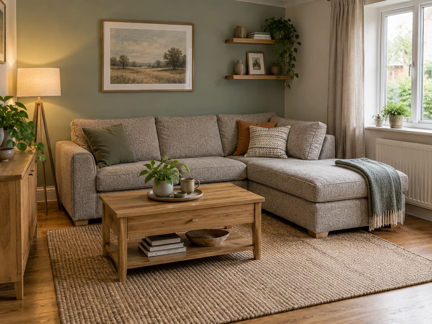 An L shaped sofa with its chaise projecting into a modest living room.
