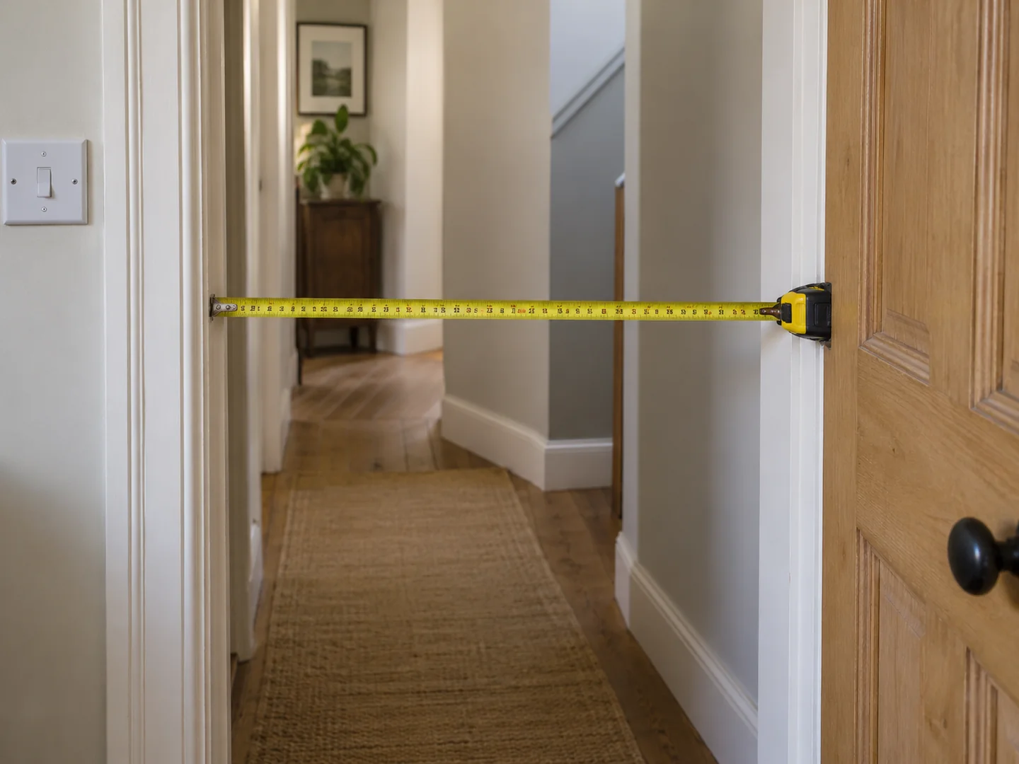 A tape measure across an open internal doorway with a hallway bend beyond.