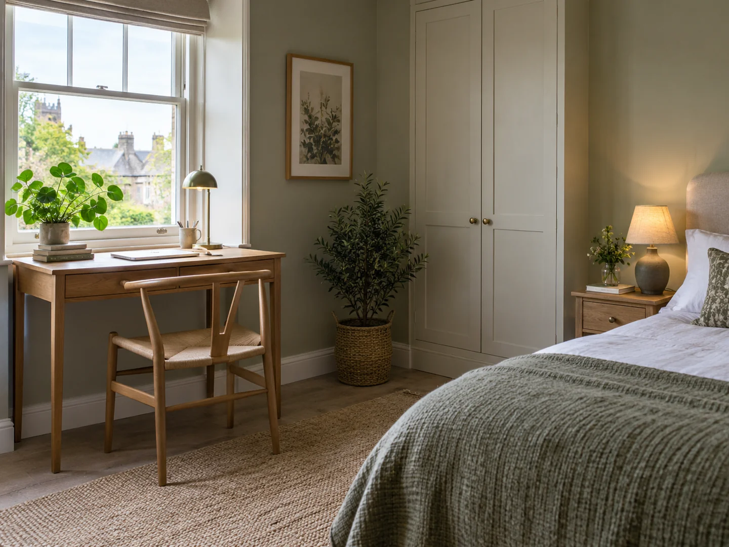 A small desk positioned beside a bedroom window away from the bed.