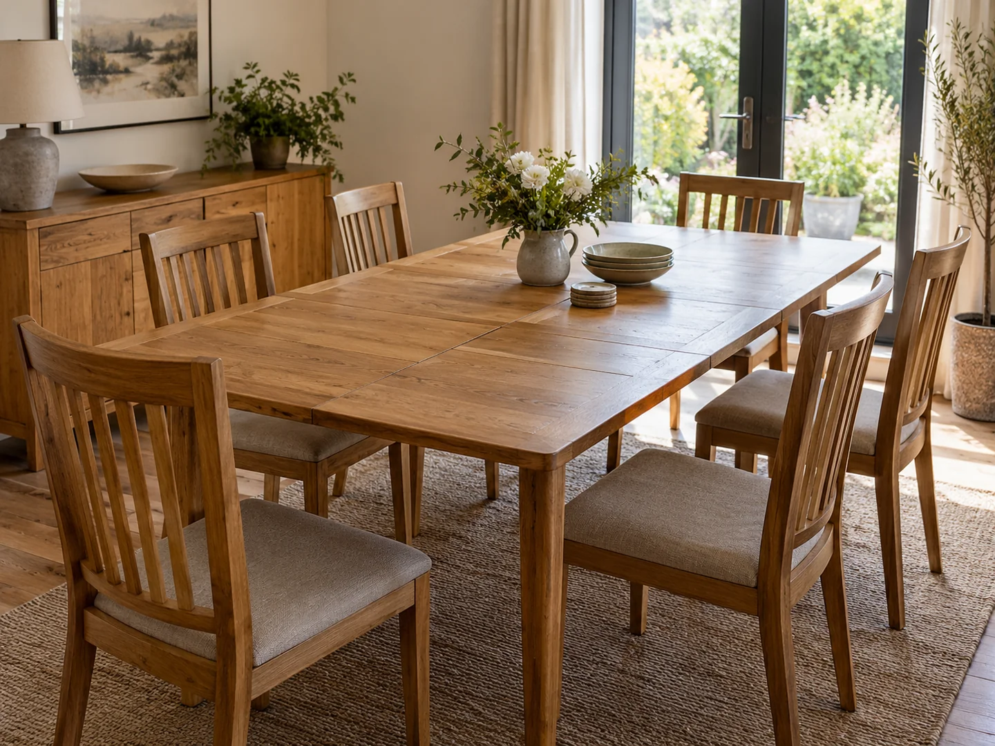 An extended wooden dining table with its centre leaf visible.