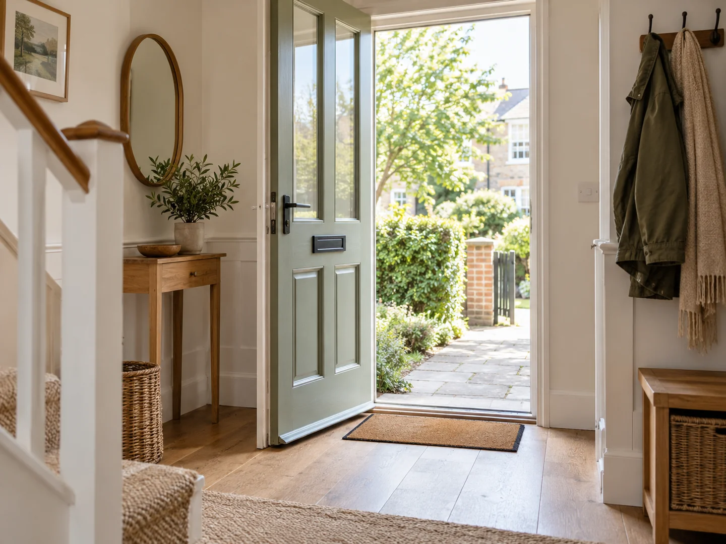 Interior entrance with a fully opened front door and a compact mat.