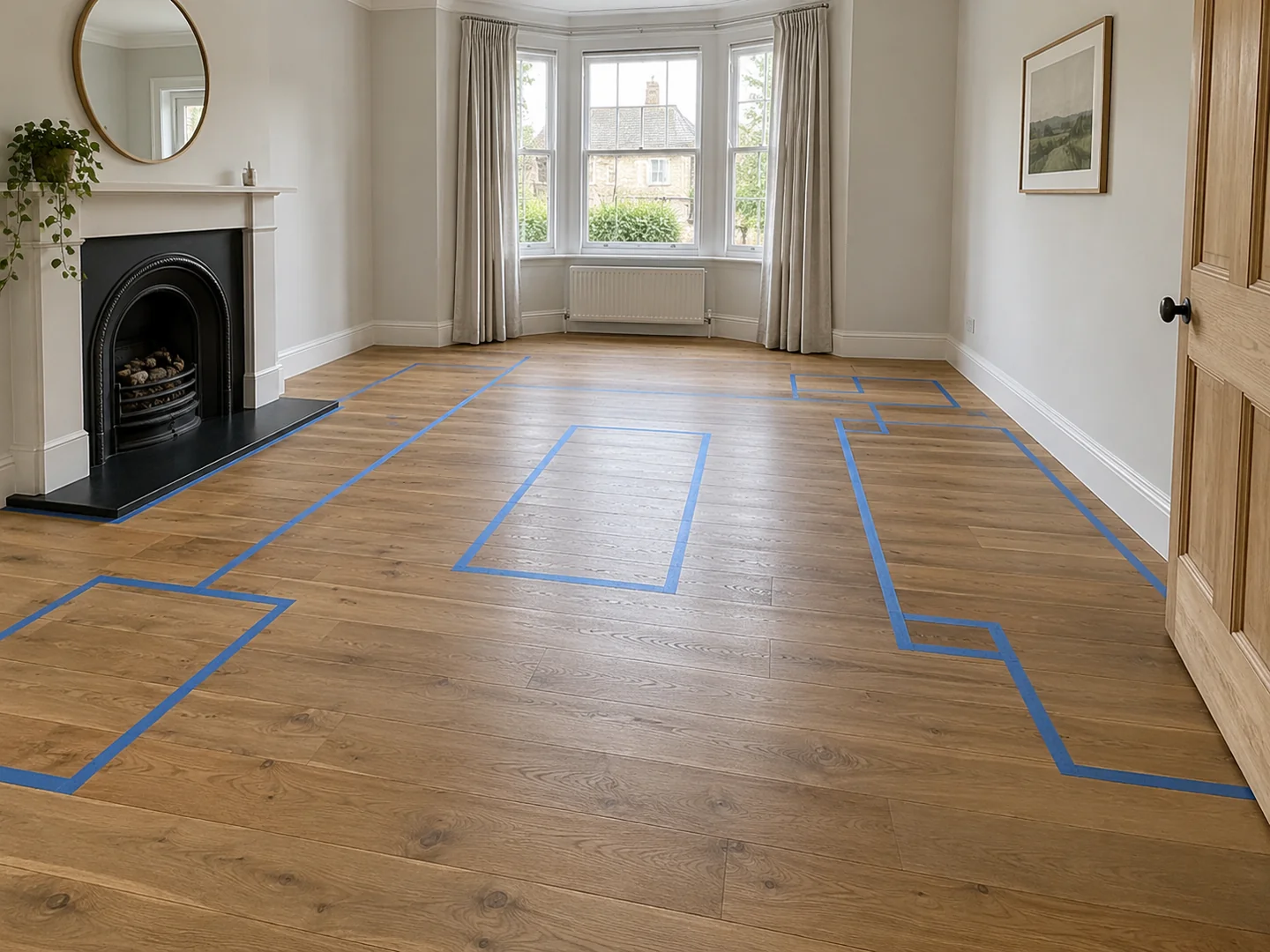 A mostly empty room with painter tape furniture outlines on the floor.