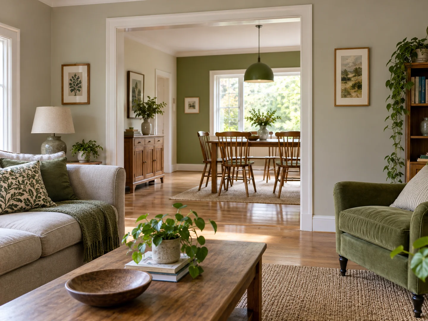 Two adjoining rooms seen through a wide opening with different furniture and a shared colour accent.