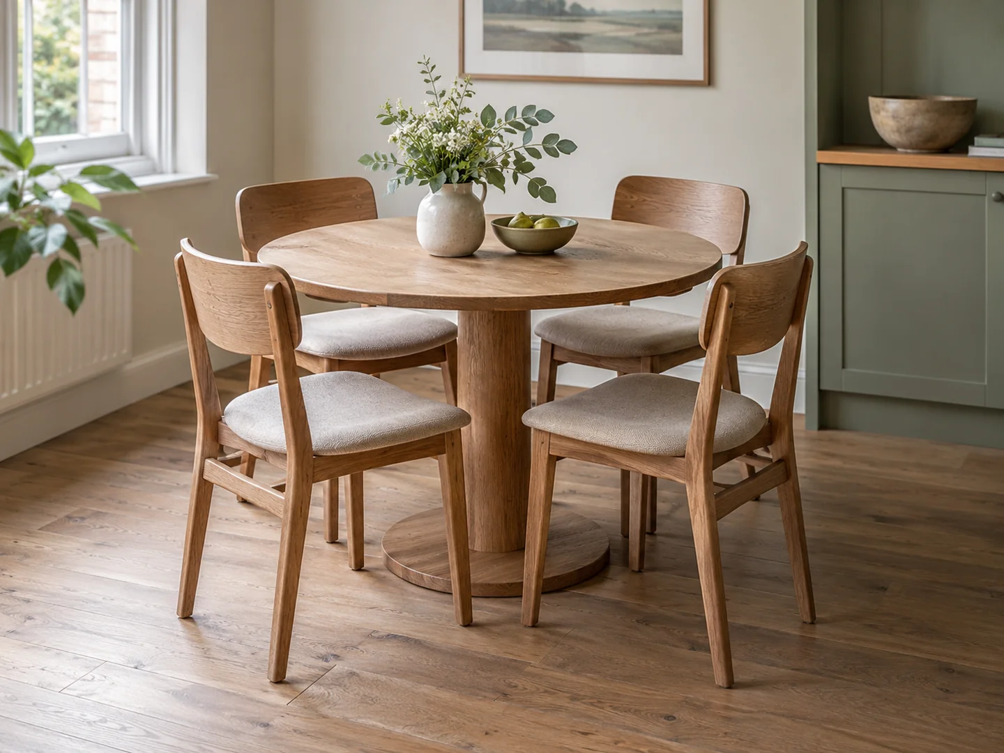 A small round dining table with four chairs and clear surrounding floor.
