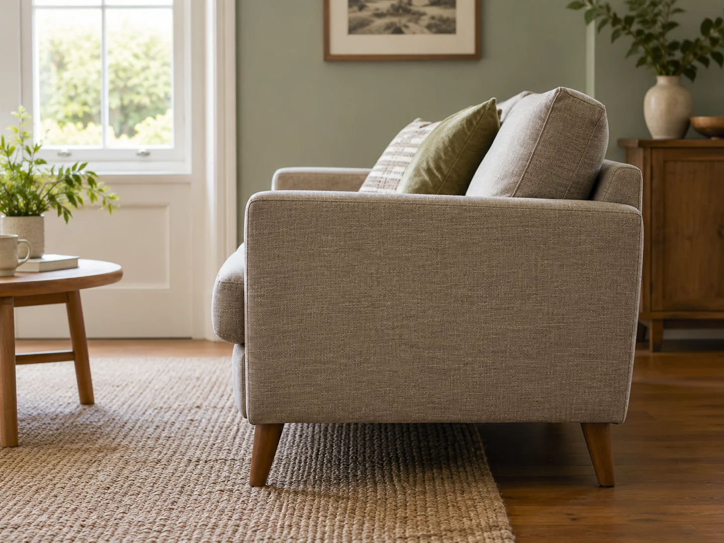 Side view of a compact sofa showing its seat and back depth.