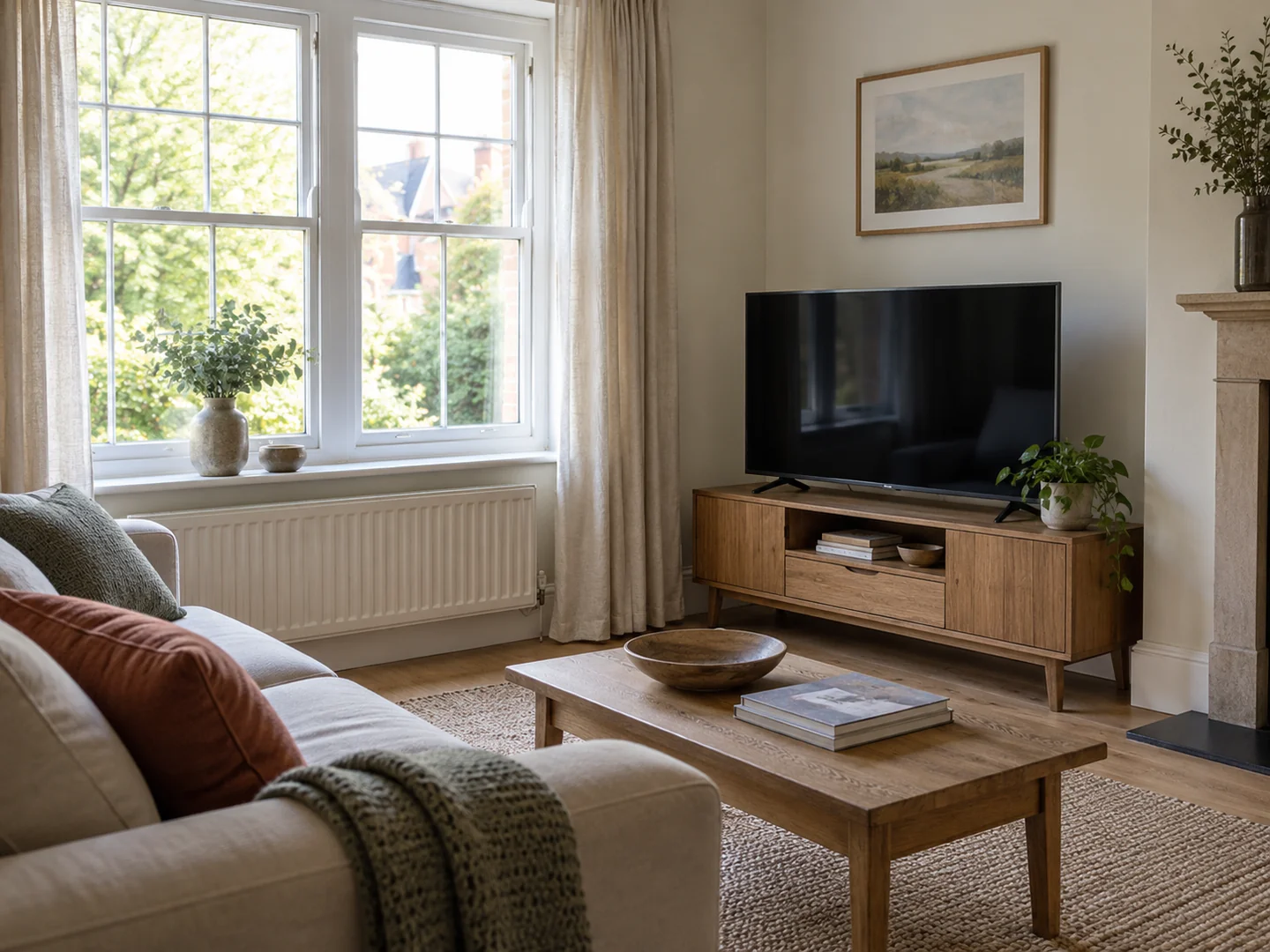 A switched off television on a low unit perpendicular to a living room window.