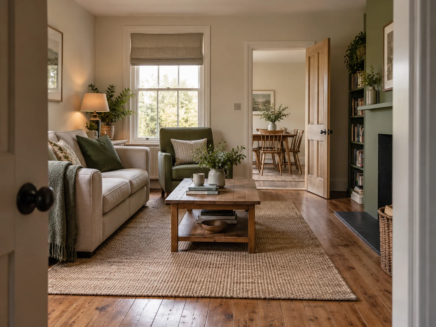 A living room seen from one doorway with another doorway visibly unobstructed.