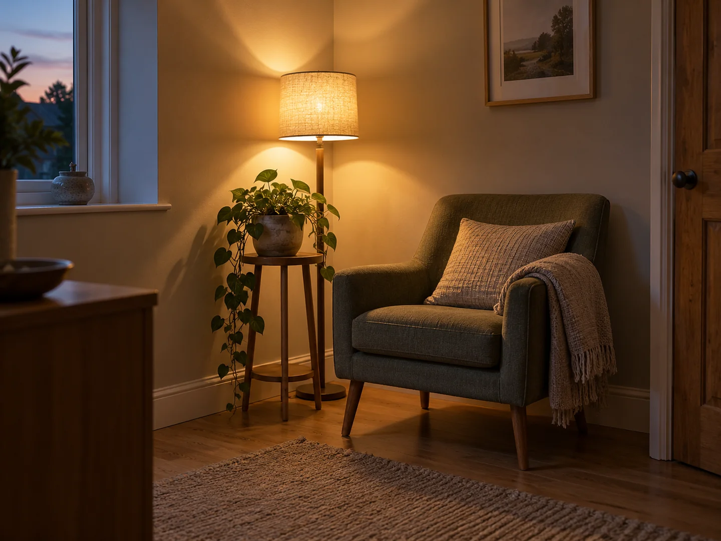 A narrow corner with a small plant stand, shaded lamp and single chair, illuminated at dusk.
