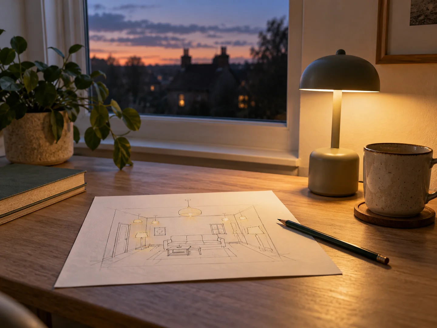 Hand-drawn simple room sketch beside pencil and a small lamp on a desk near a window at dusk.