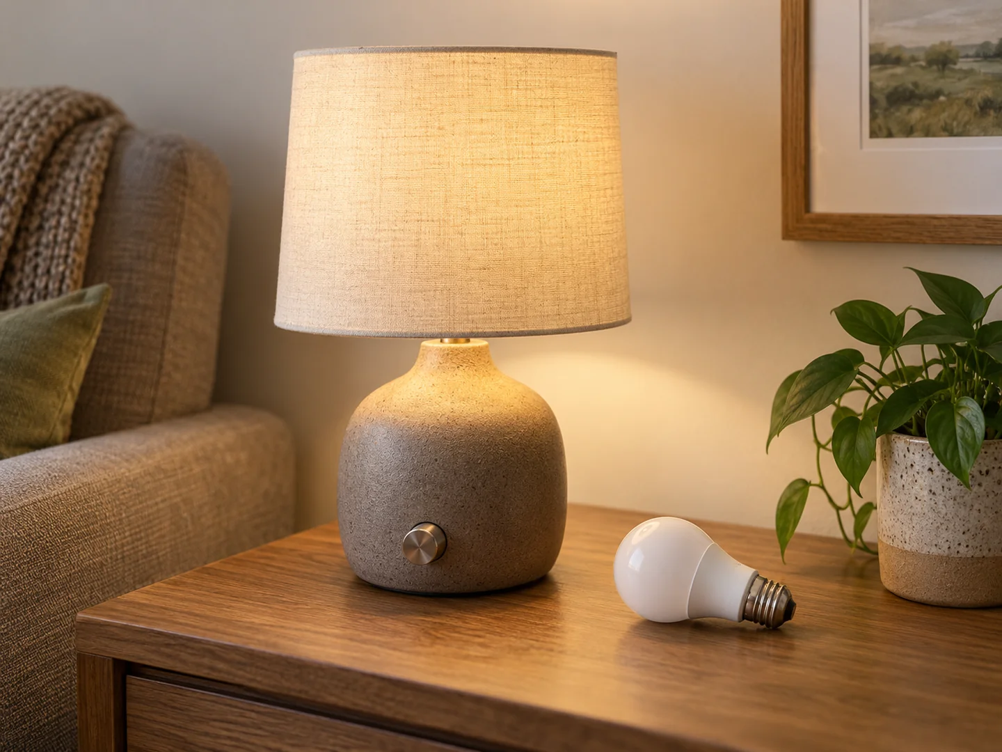Dimmable table lamp with a rotary control on its base and a frosted LED bulb resting beside it.