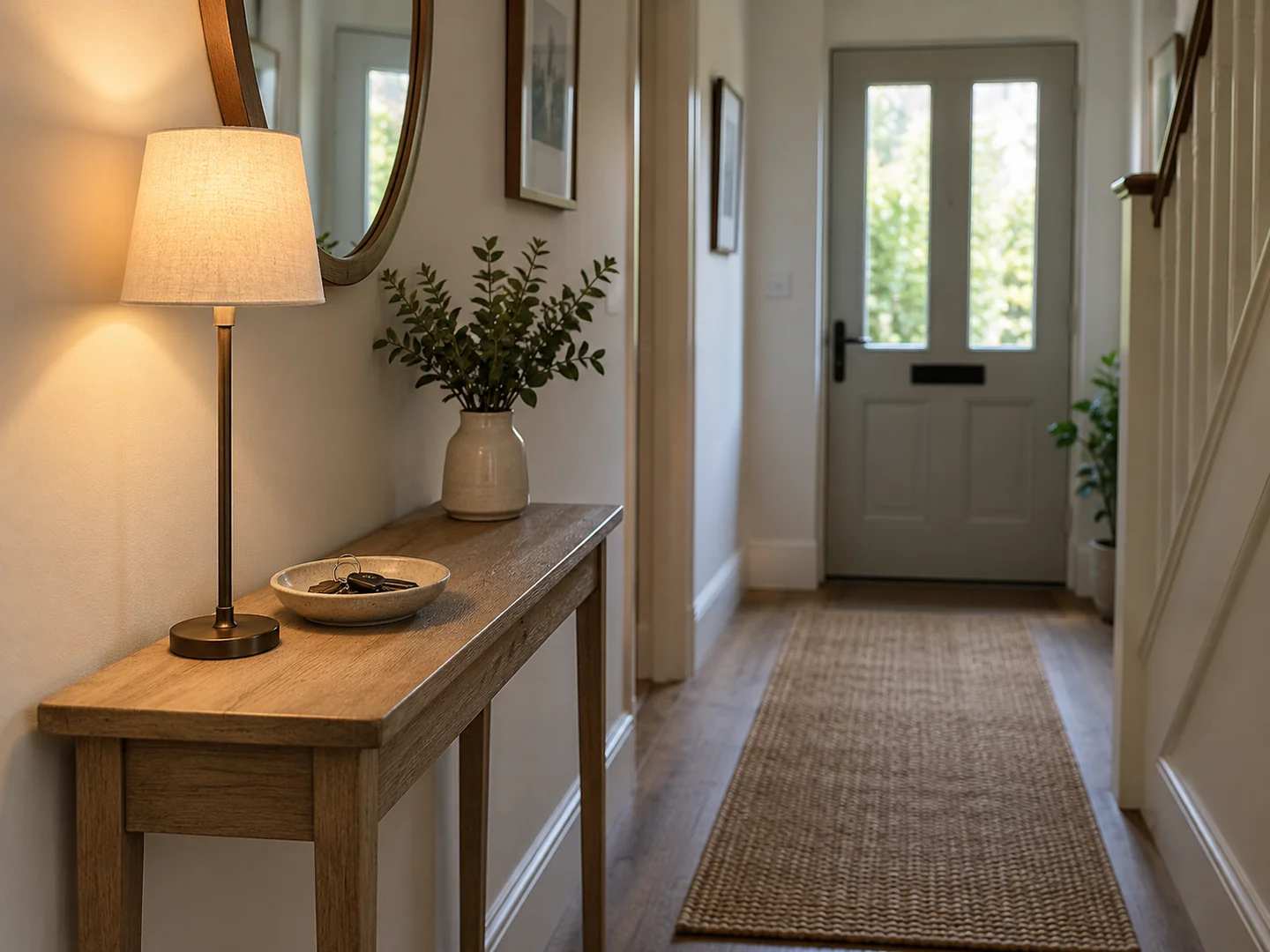 Slender table lamp on a narrow hallway console with a shallow key dish and clear walking space.