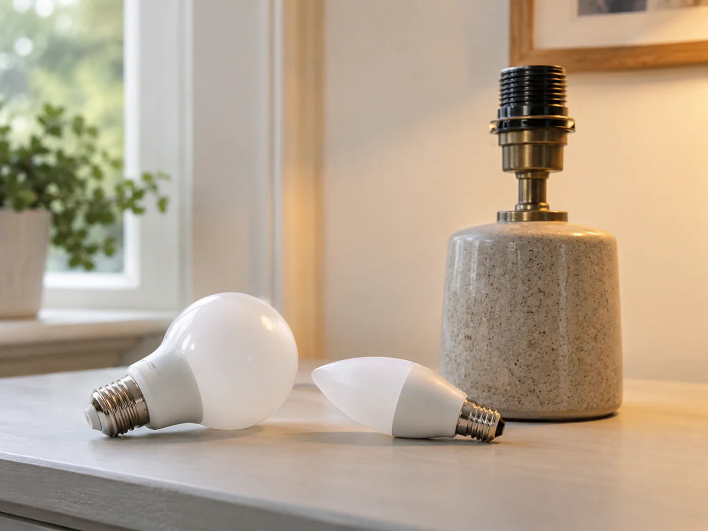 Two unbranded LED bulbs with different shaped envelopes on a pale tabletop beside a table lamp socket.
