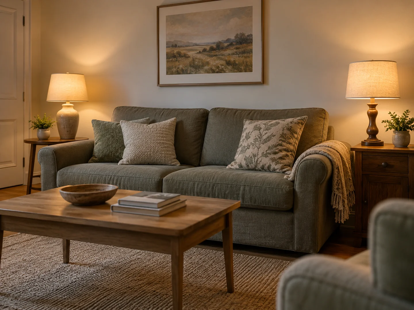 Two different table lamps on separate sides of a sofa both glowing a similar warm white colour.