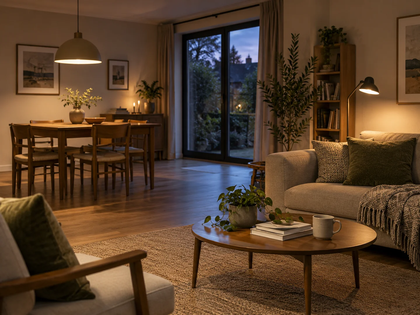 Small open-plan living and dining room at dusk with dining pendant and separate reading lamp making distinct lit areas.