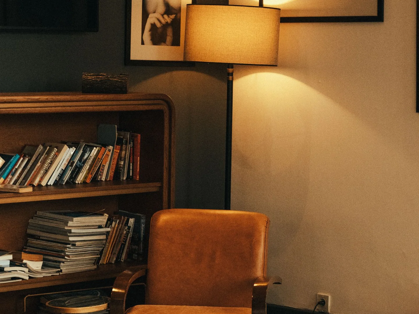 A floor lamp lighting an upholstered reading chair beside bookshelves.