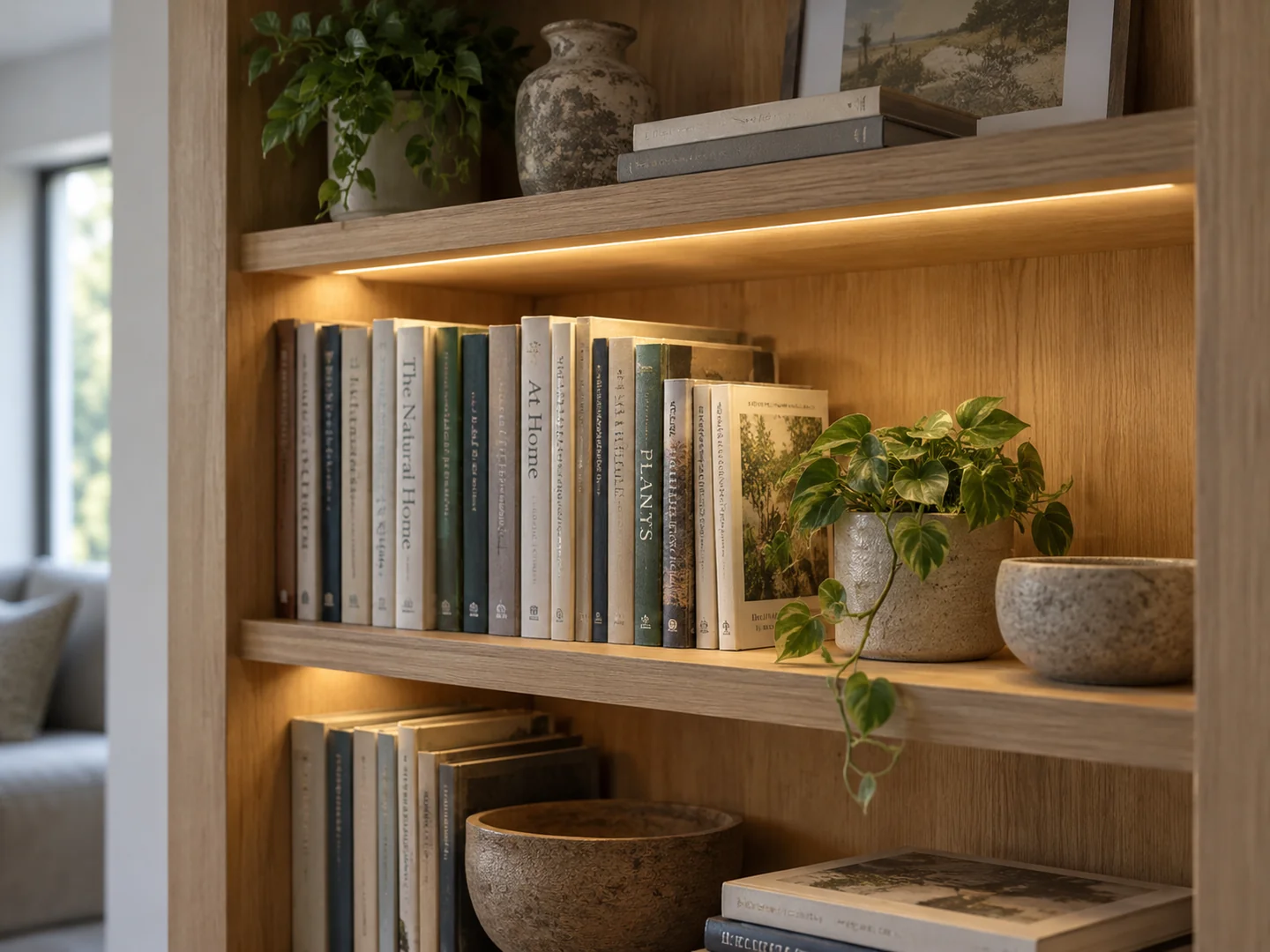 Low-voltage shelf lighting concealed behind the front edge of an open wooden bookcase shelf, softly lighting books below.