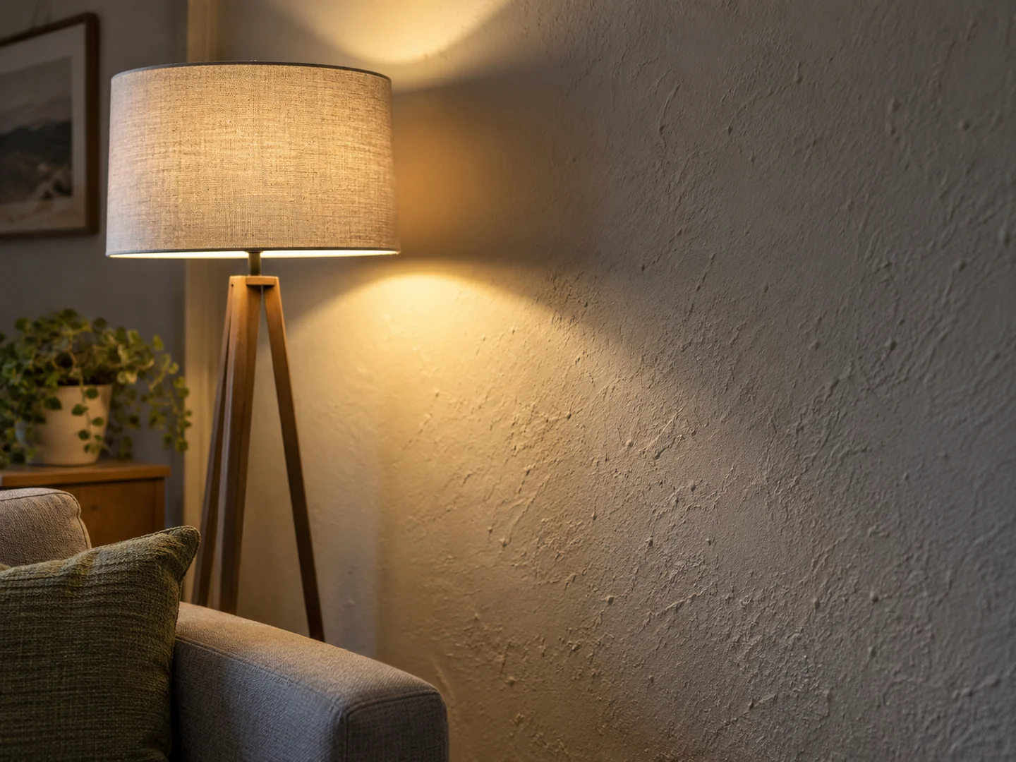Close side lighting from a floor lamp grazing a subtly textured plaster wall and showing gentle surface shadows.