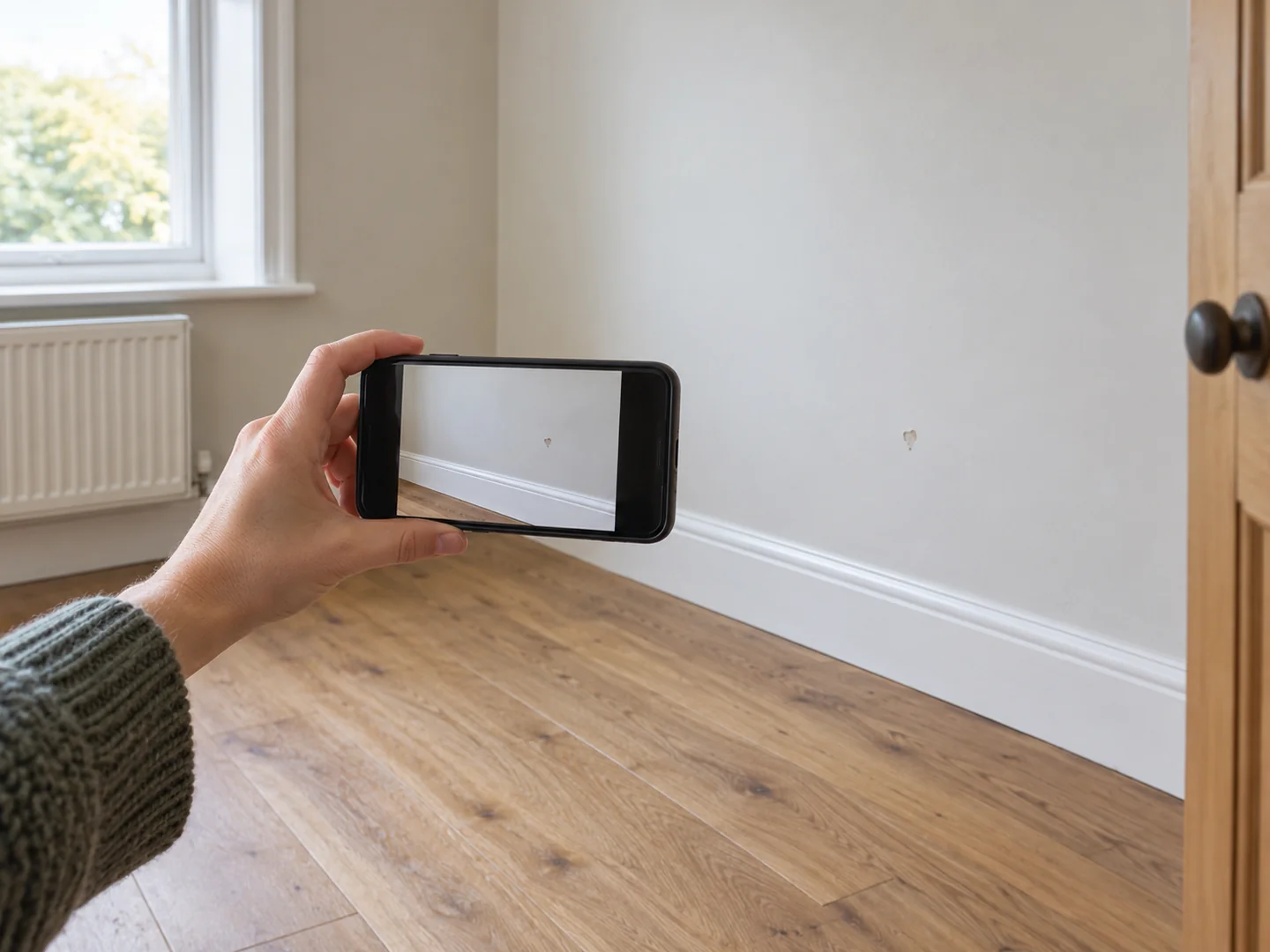 Smartphone held towards an empty room skirting board and existing small wall mark.