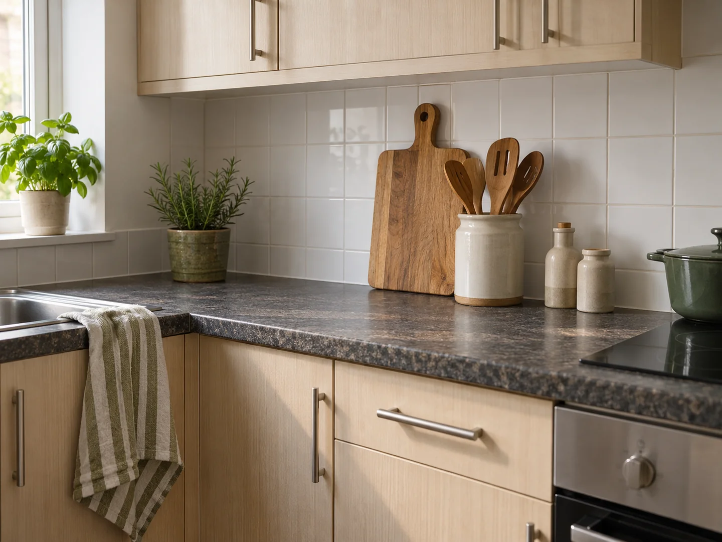 Ordinary rental kitchen worktop with wooden board, ceramic utensil pot and coordinated tea towel, original cupboards visible.