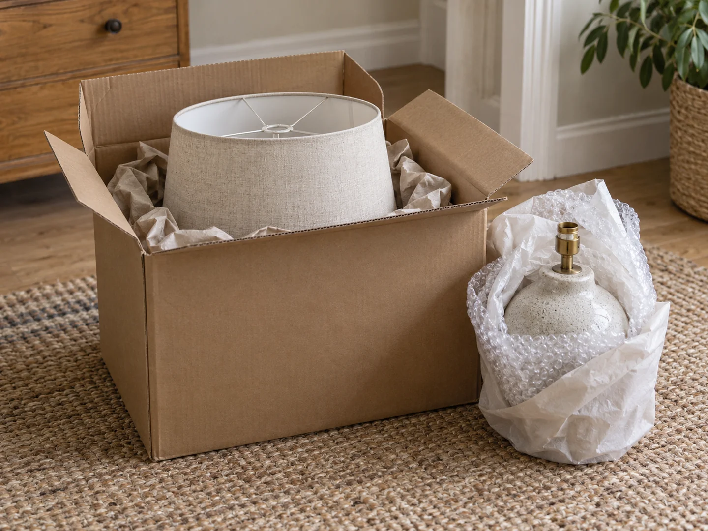 Linen lampshade standing upright in an open cardboard box with packing paper beside a separately wrapped lamp base.
