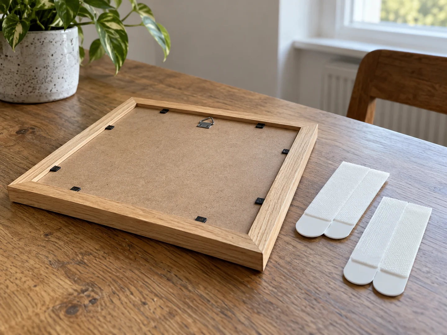 Lightweight wooden frame face down beside removable picture hanging strips on a clean table.