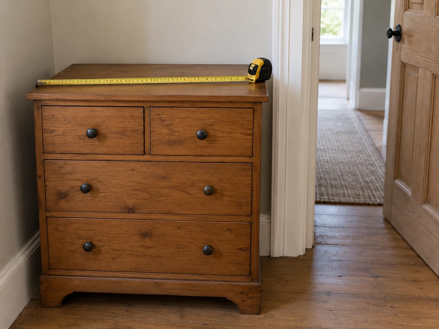 Tape measure across the width of a compact wooden chest of drawers beside a narrow doorway.