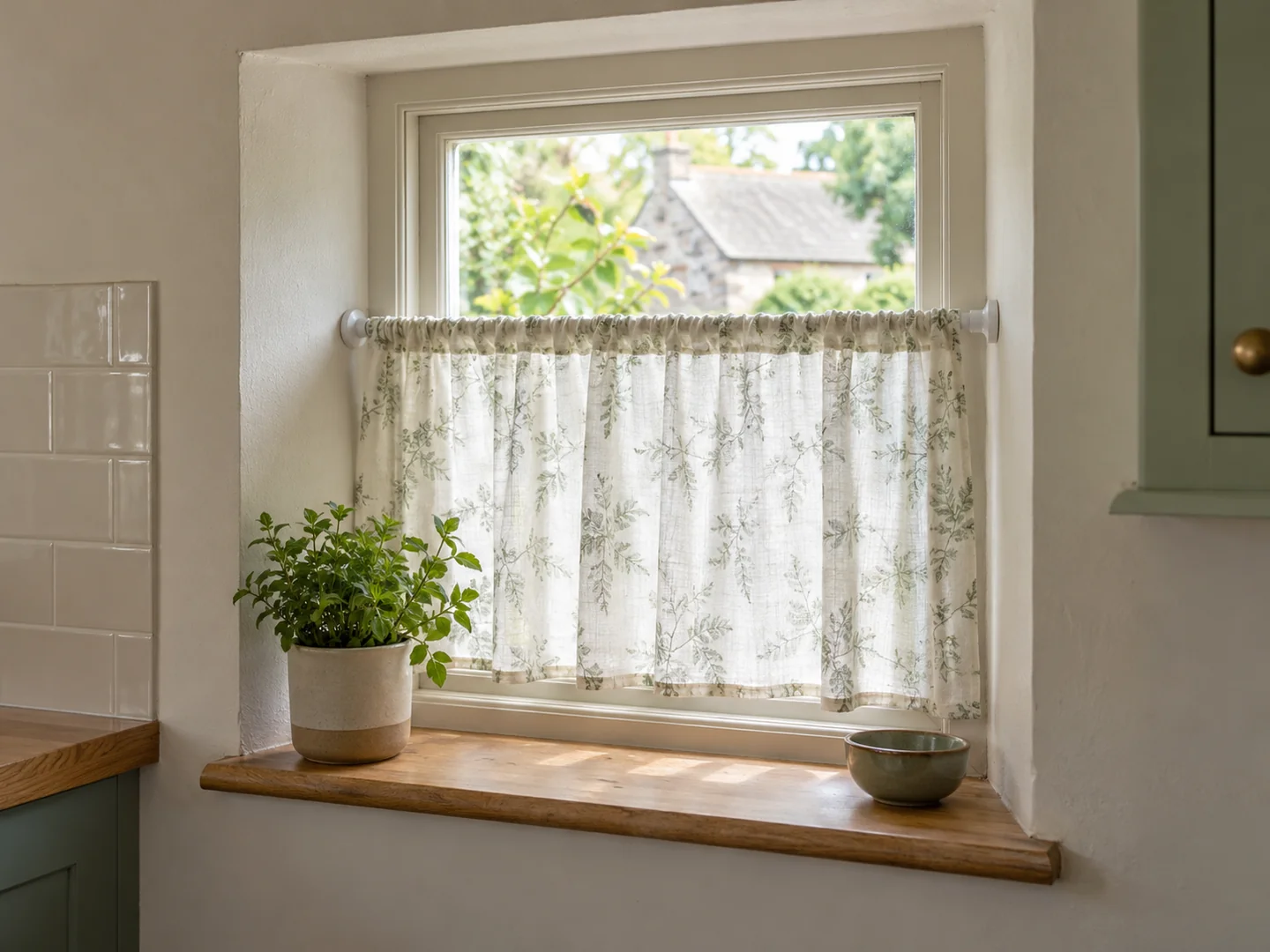Lightweight cafe curtain hanging on a tension rod inside a small recessed window, both rod ends visible.