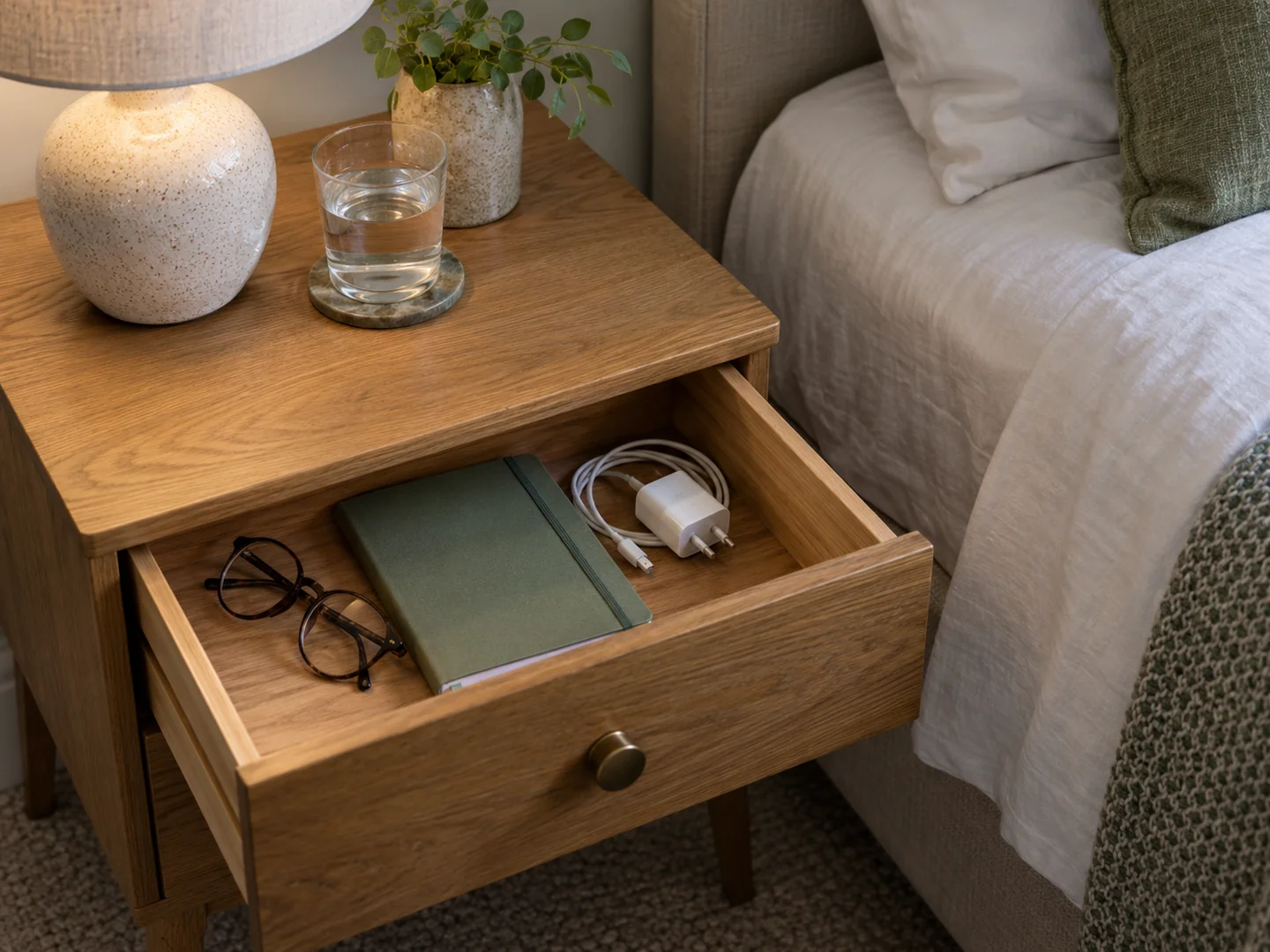 A bedside drawer opened to show glasses, notebook and charger.