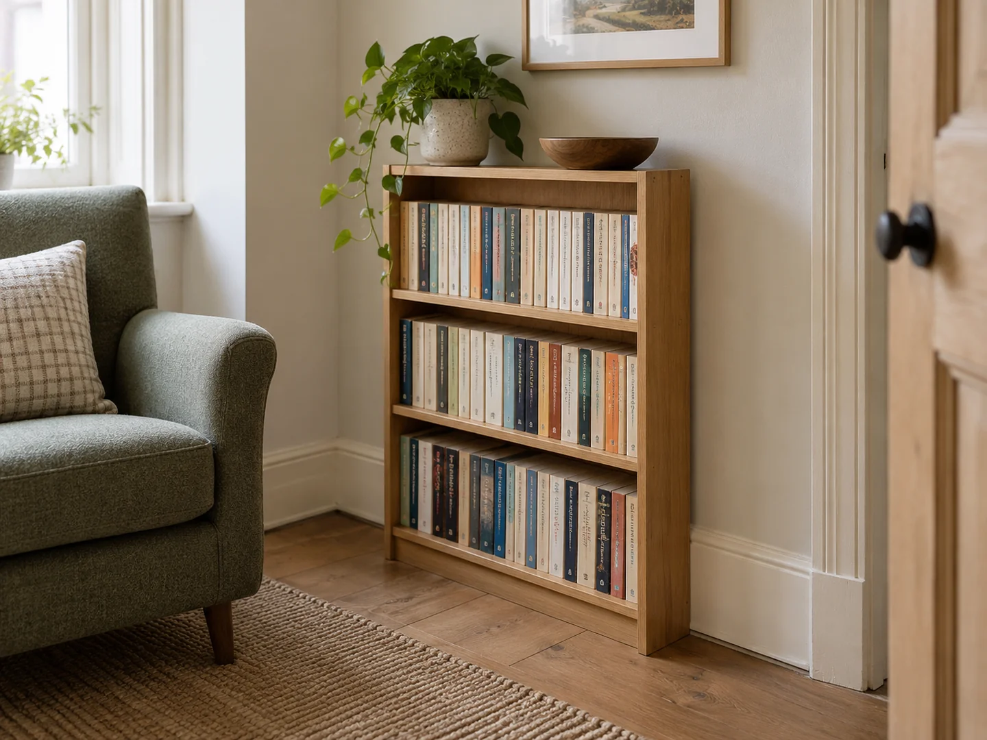 A shallow bookcase holding paperbacks with spines aligned.