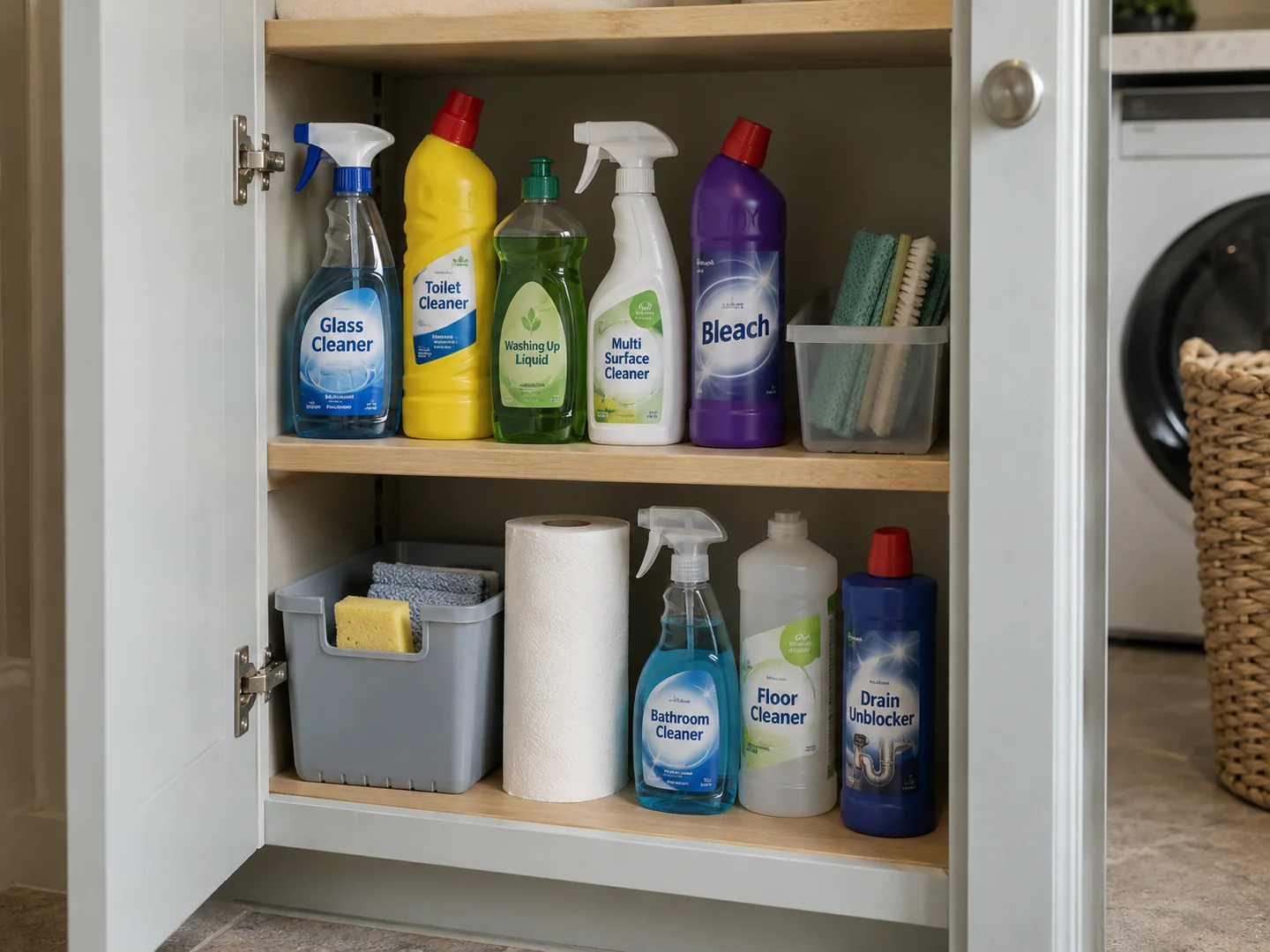 Cleaning bottles upright in an enclosed utility cupboard retaining original labels.