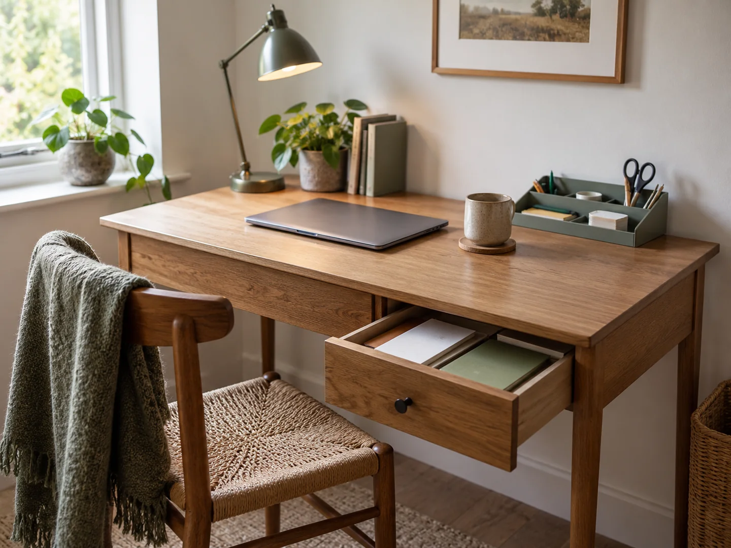 A small desk with a shallow organiser and one adjacent document drawer.