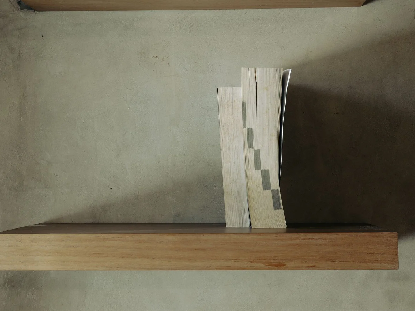 A floating timber shelf carrying a few books.