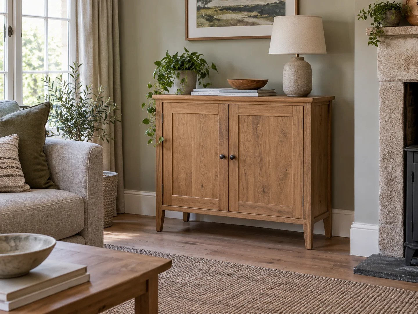 A freestanding wooden cupboard with visible legs in a living room.