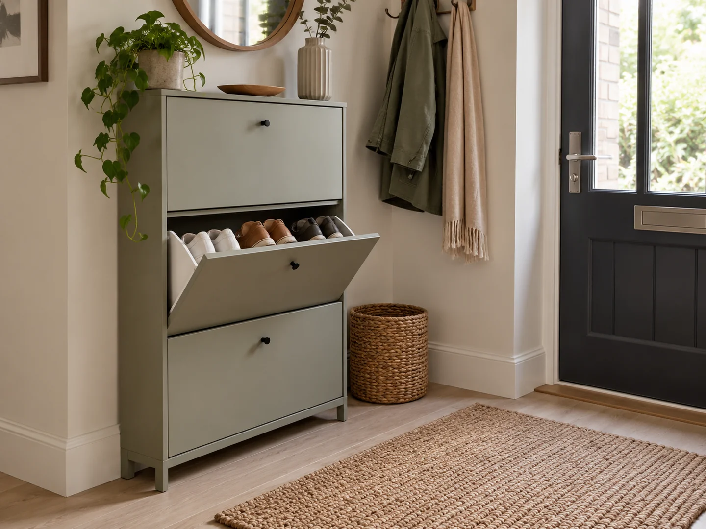 A slim shoe cabinet with one tilt compartment open in an entrance hall.