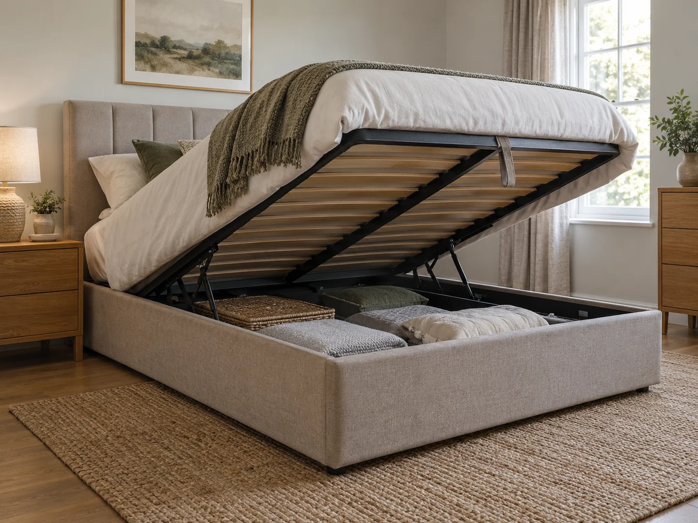 An upholstered ottoman bed with mattress platform raised and storage cavity visible.
