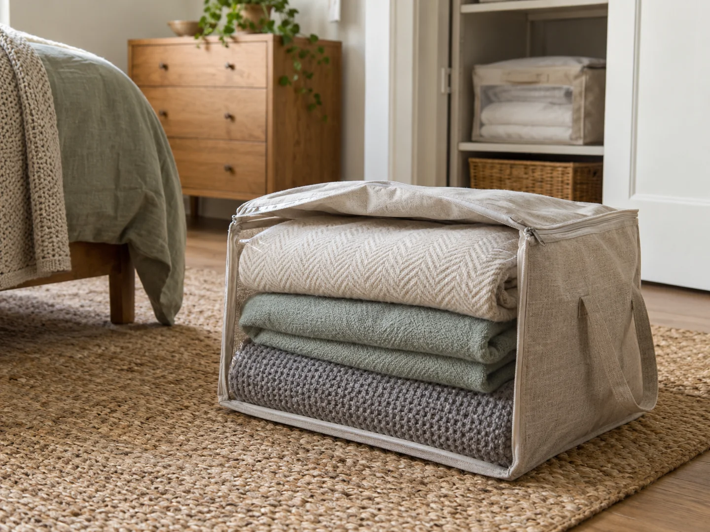 Clean folded blankets in a breathable fabric storage bag.