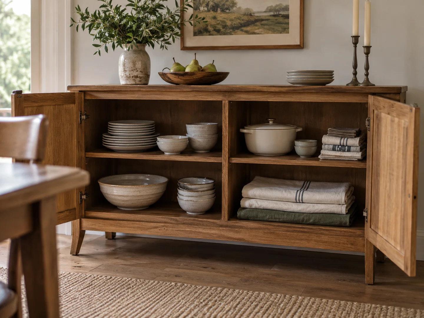 An open sideboard with shelves holding dishes and folded table linen.