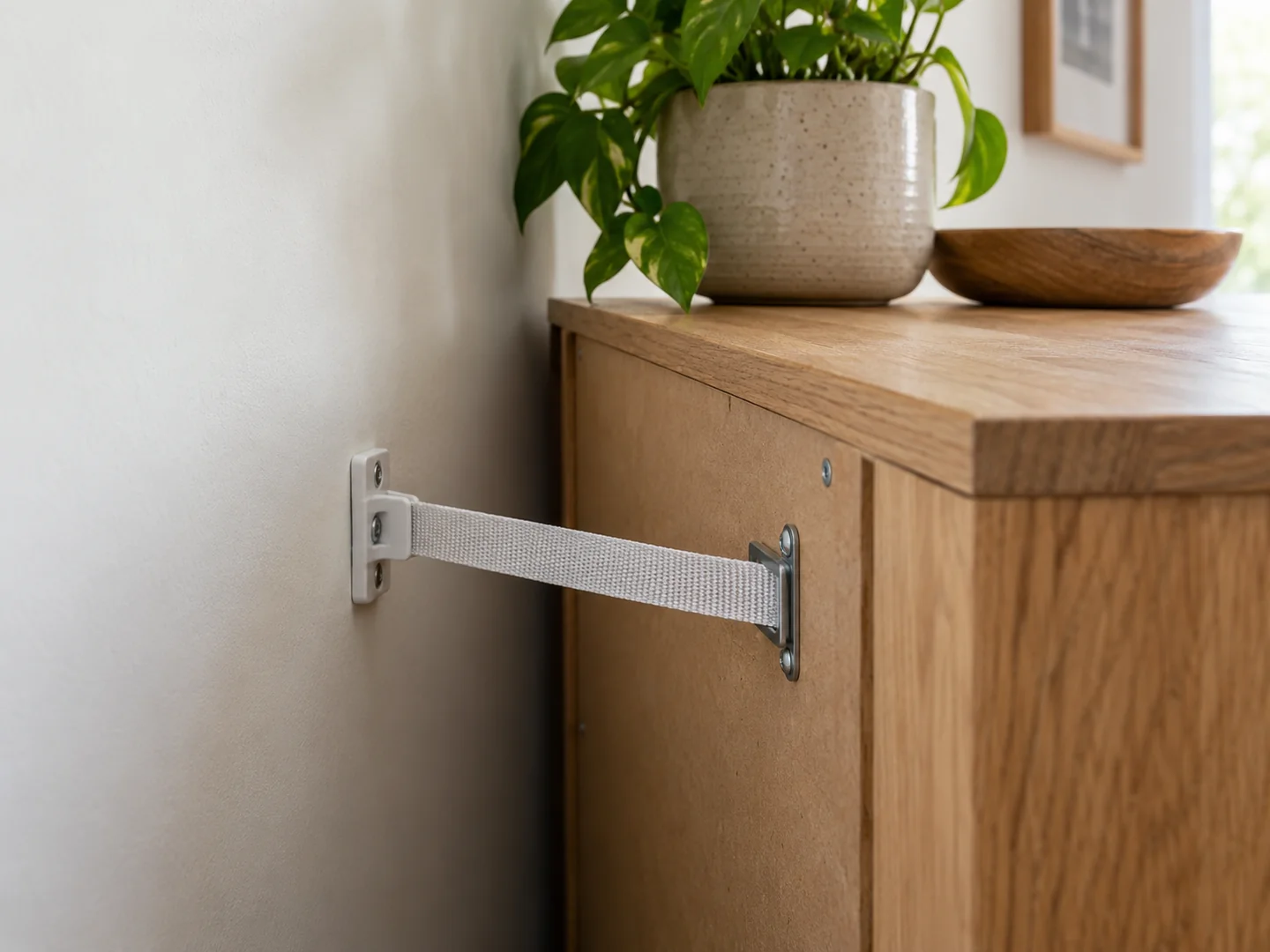 A restraint strap linking a timber cabinet to the wall.