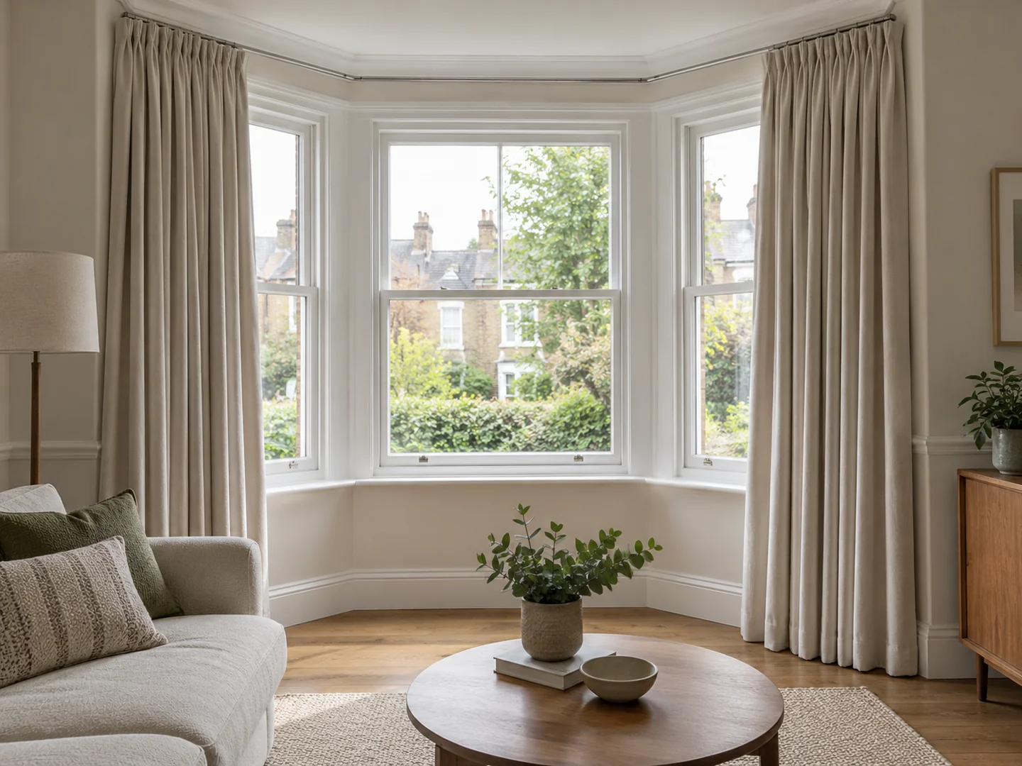three-sided British bay window with fitted curtain track and neutral curtains.