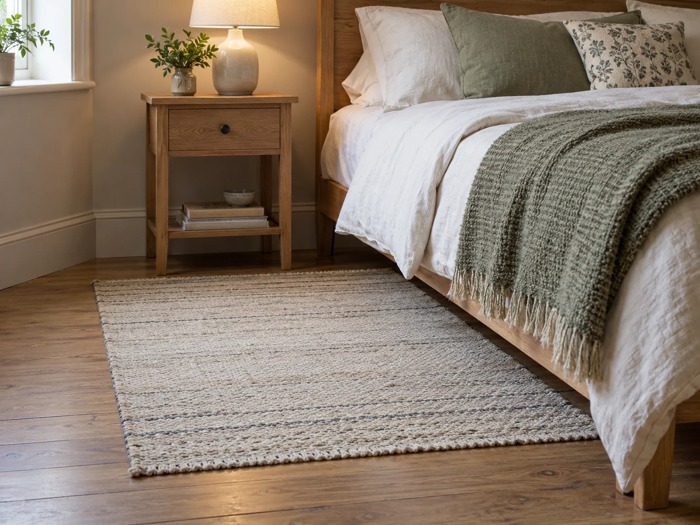 bedside floor with a flat wool rug extending beyond the side of a bed.